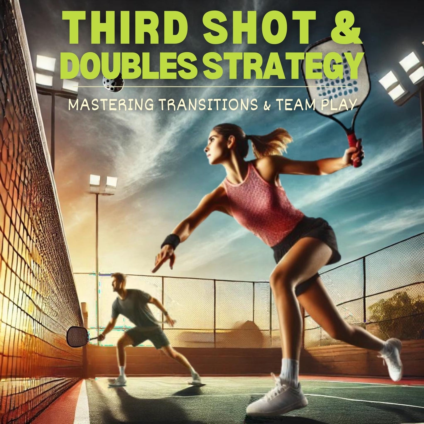 Action-packed pickleball scene featuring a male and female player in a doubles match, with the female player executing a third shot. Both players are positioned on a court with a vibrant sunset sky in the background, highlighting their teamwork and strategic play. The text 'THIRD SHOT & DOUBLES STRATEGY' and 'MASTERING TRANSITIONS & TEAM PLAY' is displayed above, focusing on key strategies for effective doubles play.