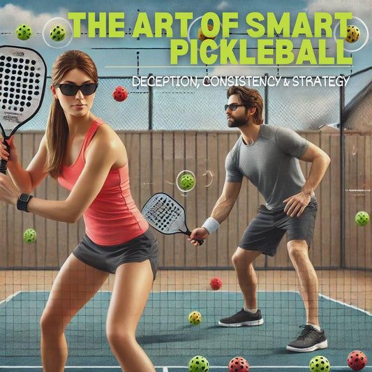 Focused pickleball action scene showing a male and female player in a strategic rally, with multiple pickleballs in mid-air, illustrating the concepts of deception, consistency, and strategy. The female player is preparing for a shot while the male player anticipates his next move. The background features a fence and a court. The text 'THE ART OF SMART PICKLEBALL' and 'DECEPTION, CONSISTENCY & STRATEGY' is displayed, highlighting the importance of strategic play in the game.