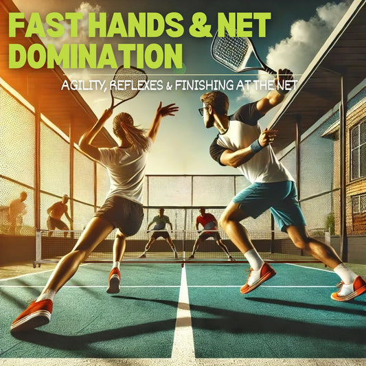 Intense pickleball action scene showing two male and female players in the midst of a fast-paced net rally, emphasizing agility, reflexes, and finishing shots at the net. The players are on a well-lit court with a dramatic sky in the background, demonstrating quick movements and strategic net play. The text 'FAST HANDS & NET DOMINATION' and 'AGILITY, REFLEXES & FINISHING AT THE NET' is displayed above, highlighting the importance of speed and precision at the net.