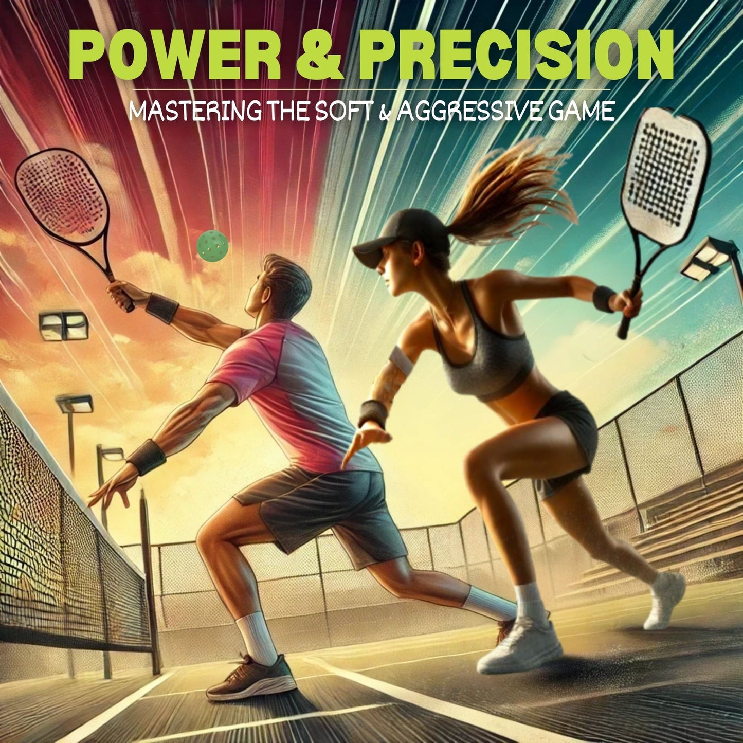 Dynamic pickleball action scene featuring a male and female player, each with a paddle, showcasing both soft and aggressive play styles. The players are positioned on a court with a dramatic sunset sky in the background, demonstrating powerful movement. The text 'POWER & PRECISION' and 'MASTERING THE SOFT & AGGRESSIVE GAME' is displayed above the players, emphasizing the balance between technique and power.