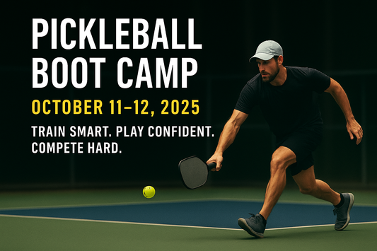A focused male pickleball player in dark athletic clothing and a light cap lunges forward on an indoor court, paddle in hand, preparing to return a low shot. A yellow pickleball is in motion near the ground. Bold text on the left reads “Pickleball Boot Camp” with the dates “October 11–12, 2025” and the tagline “Train Smart. Play Confident. Compete Hard.”